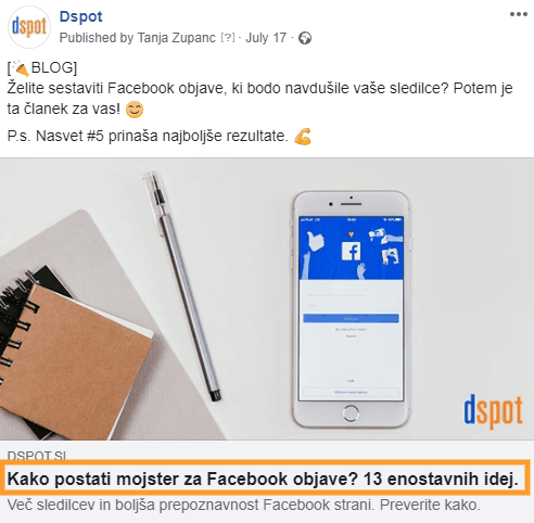 Meta naslov, kot ga prikaže Facebook.