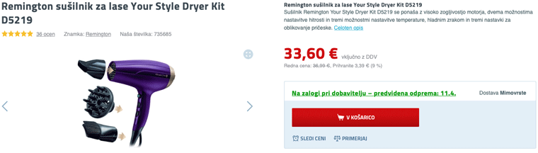 CTA gumb V košarico na produktni strani