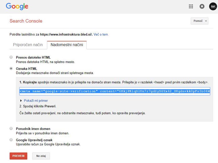 Potrdite lastništvo v Google webmaster tools
