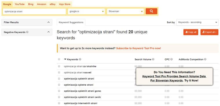 Keyword Tool rezultati