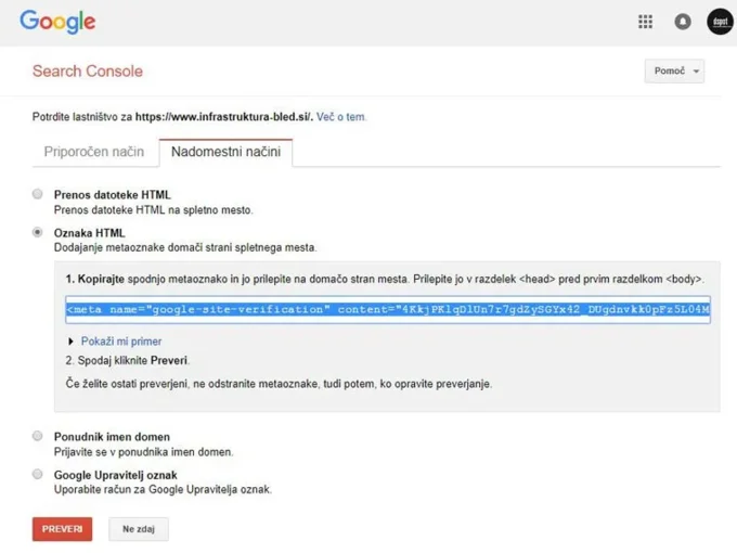 Potrdite lastni&scaron;tvo v Google webmaster tools